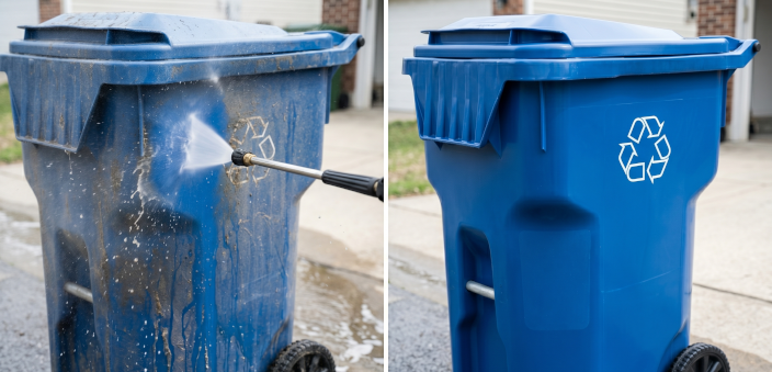Before and after bin cleaning service in Durham Region showing removal of grime and bacteria from residential bins
